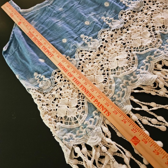 Womens Blue Boho Chambray Tank Top Large Crochet Lace Fringe Festival Coastal - Picture 7 of 10
